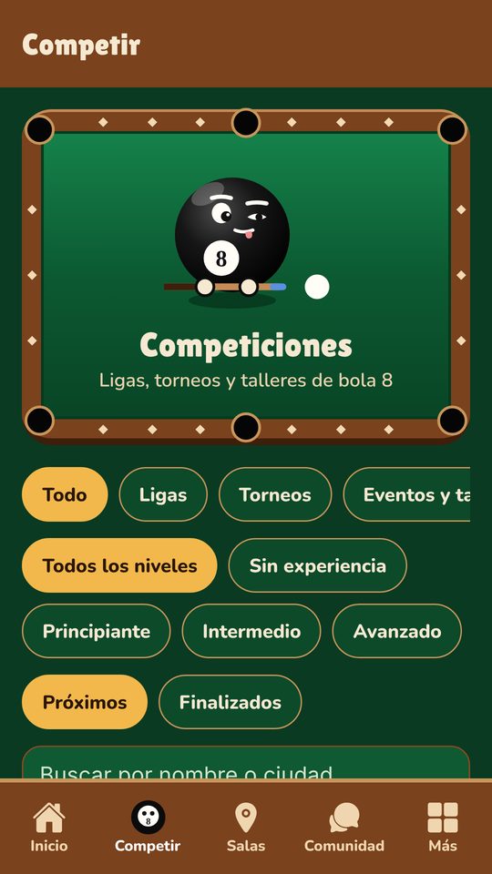 Pantalla de Competiciones en la app