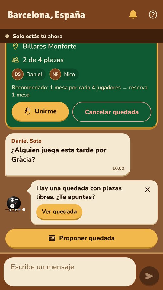 Pantalla de Chat y quedadas en la app