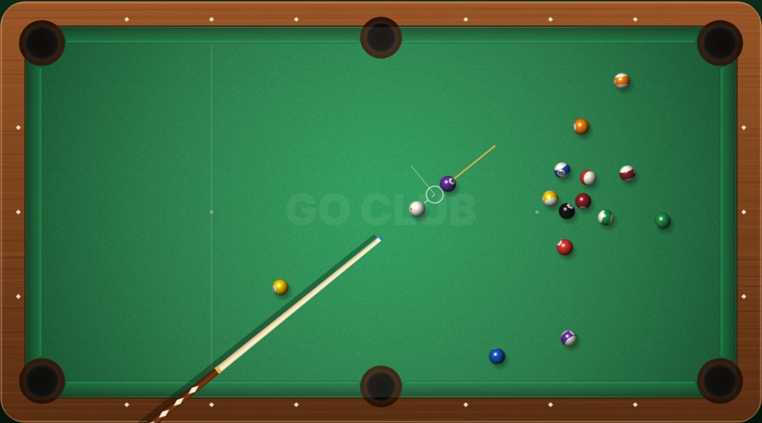 Mesa del juego de Bola 8 de GO CLUB con el taco apuntando